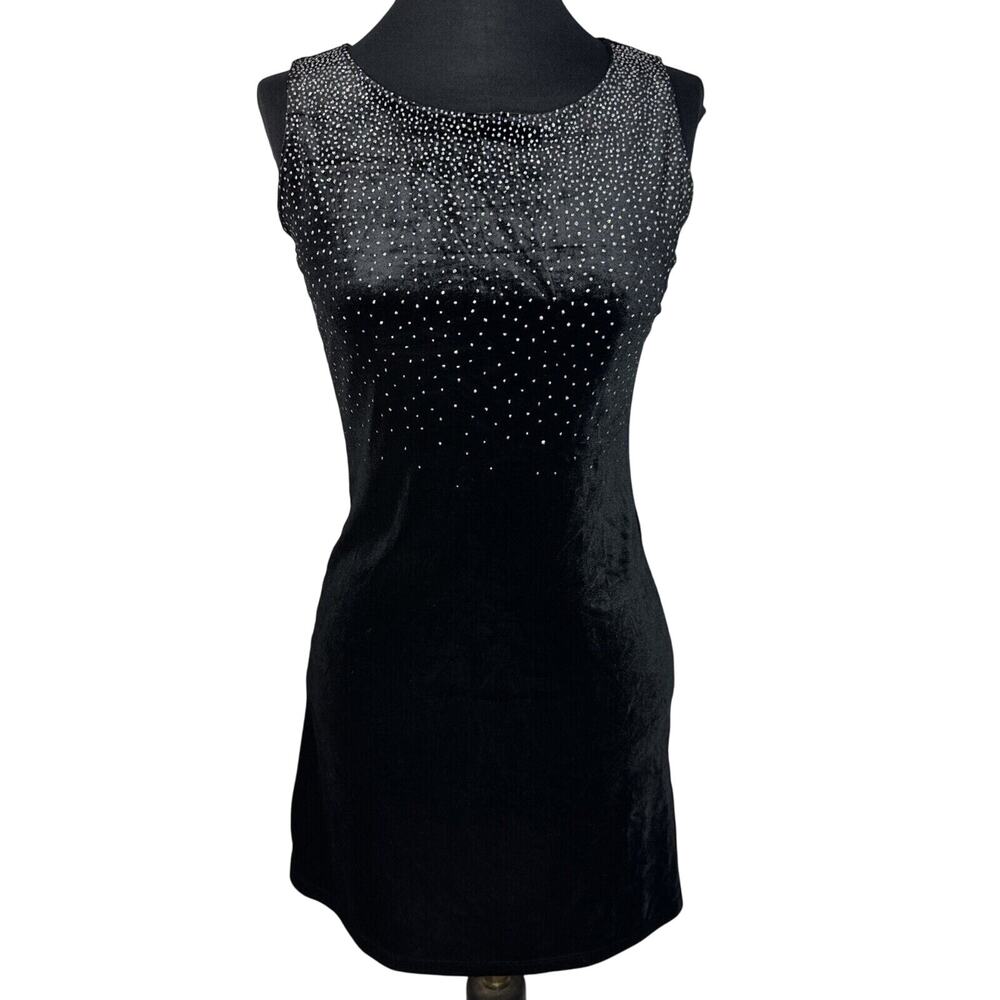 Vintage Miss California Black Velvet Rhinestone Mini Dress Cocktail Party 90s